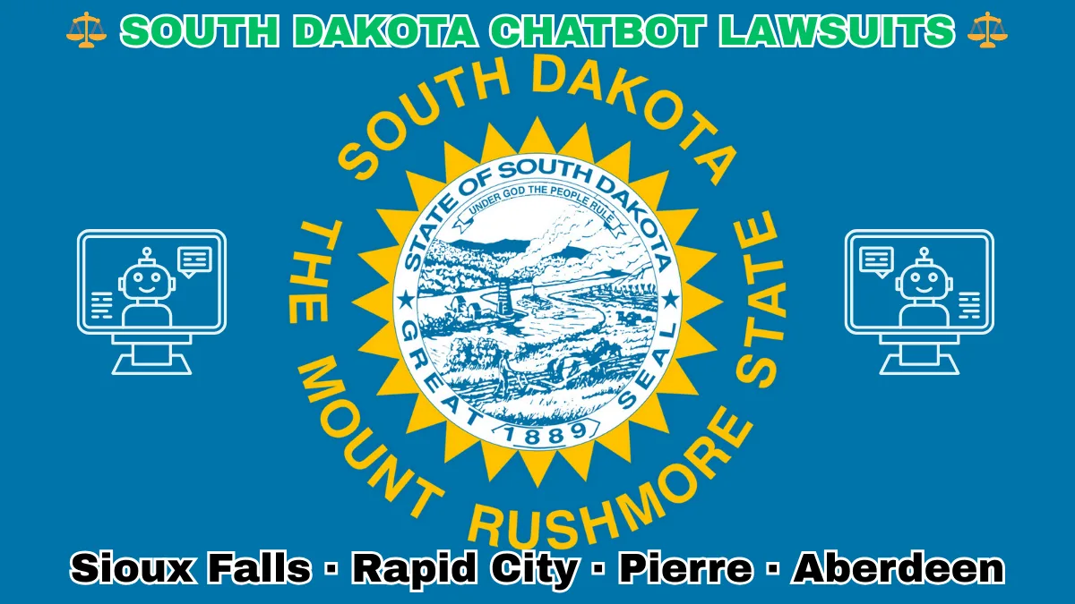 SOUTH DAKOTA CHATBOT LAWSUITS: Sioux Falls, Rapid City, Pierre, and Aberdeen text on SD state flag adorned with an AI chat program depicted on a blue field near the official seal and words "THE MOUNT RUSHMORE STATE"