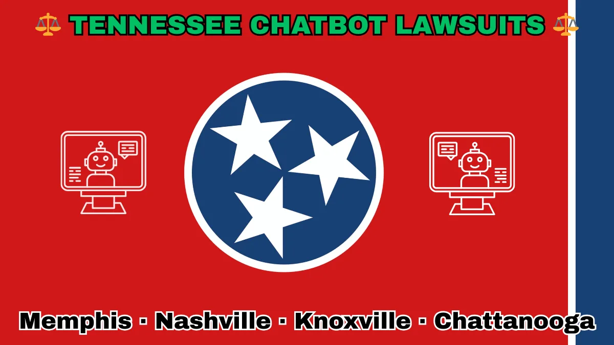 TENNESSEE CHATBOT LAWSUITS: Memphis, Nashville, Knoxville, and Chattanooga text on TN state flag adorned with an AI chat program depicted on a red background near three white stars on a blue circle and vertical blue stripe.