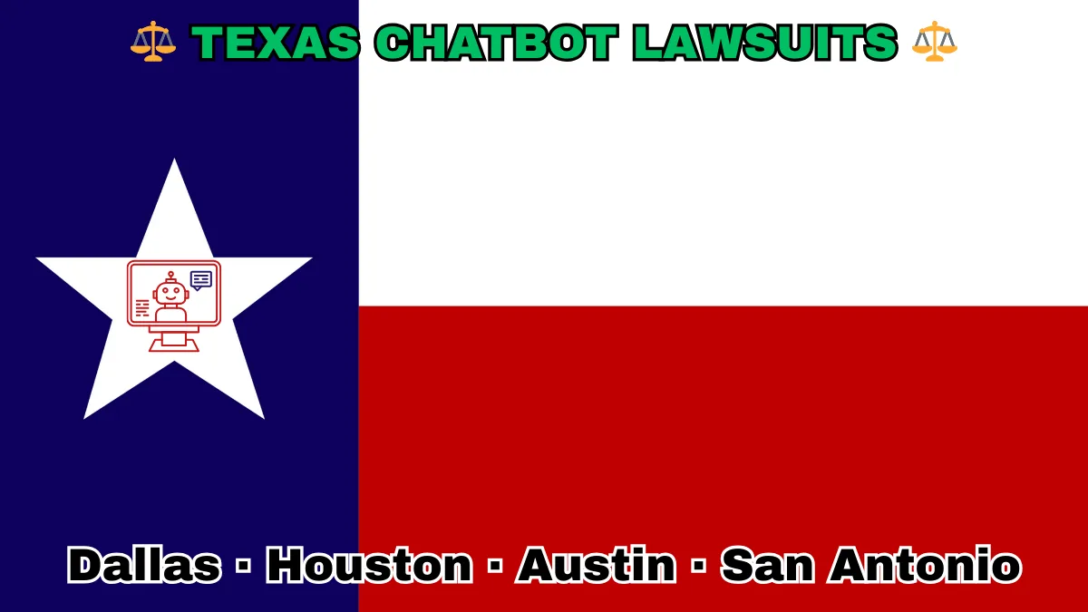 TEXAS CHATBOT LAWSUITS: Dallas, Houston, Austin, and San Antonio text on TX state flag adorned with an AI chat program depicted on a Lone Star near blue, red and white color blocks.