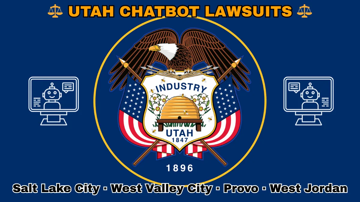UTAH CHATBOT LAWSUITS: Salt Lake City, West Valley City, Provo, and West Jordan text on UT state flag adorned with an AI chat program depicted on a blue field near a beehive, bald eagle, motto and date