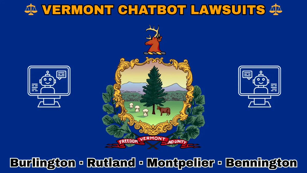 VERMONT CHATBOT LAWSUITS: Burlington, Rutland, Montpelier, and Bennington text on VT state flag adorned with an AI chat program depicted on a blue field near the official coat of arms featuring a pine tree and cow