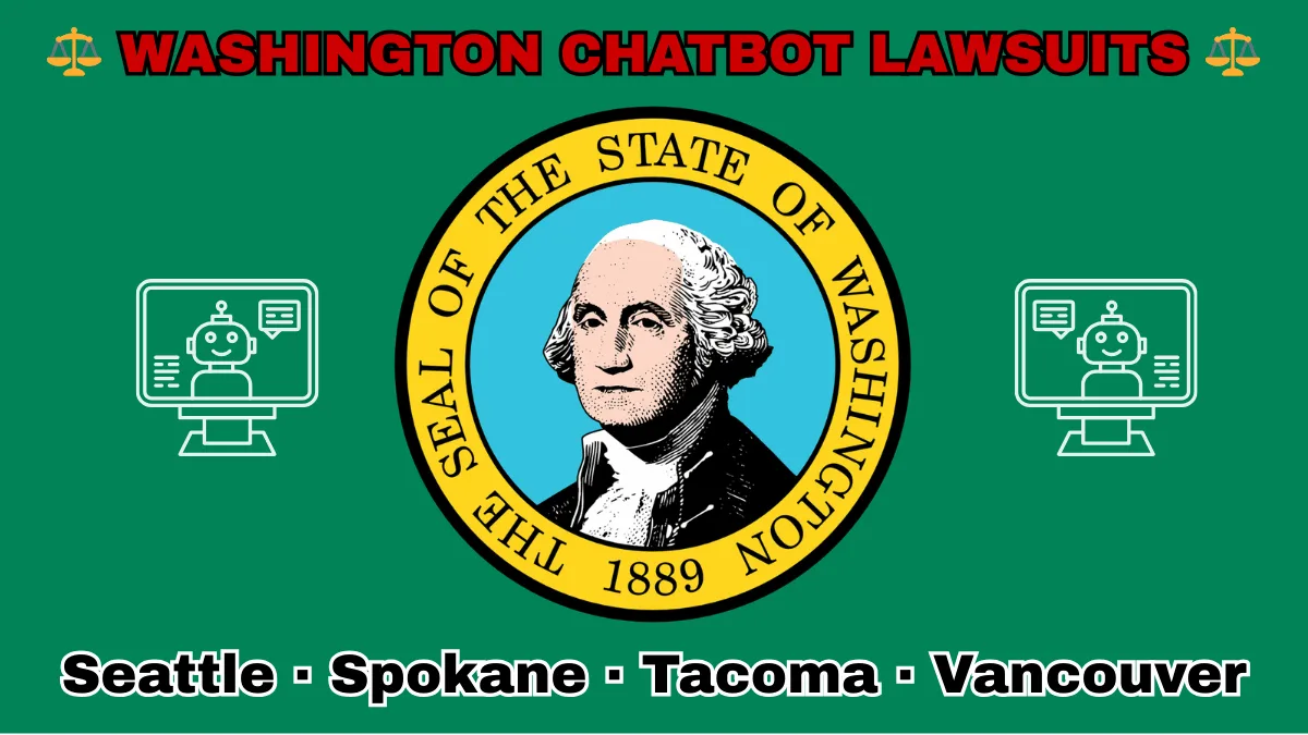 WASHINGTON CHATBOT LAWSUITS: Seattle, Spokane, Tacoma, and Vancouver text on WA state flag adorned with an AI chat program depicted on a green background near the official SEAL featuring George Washington.