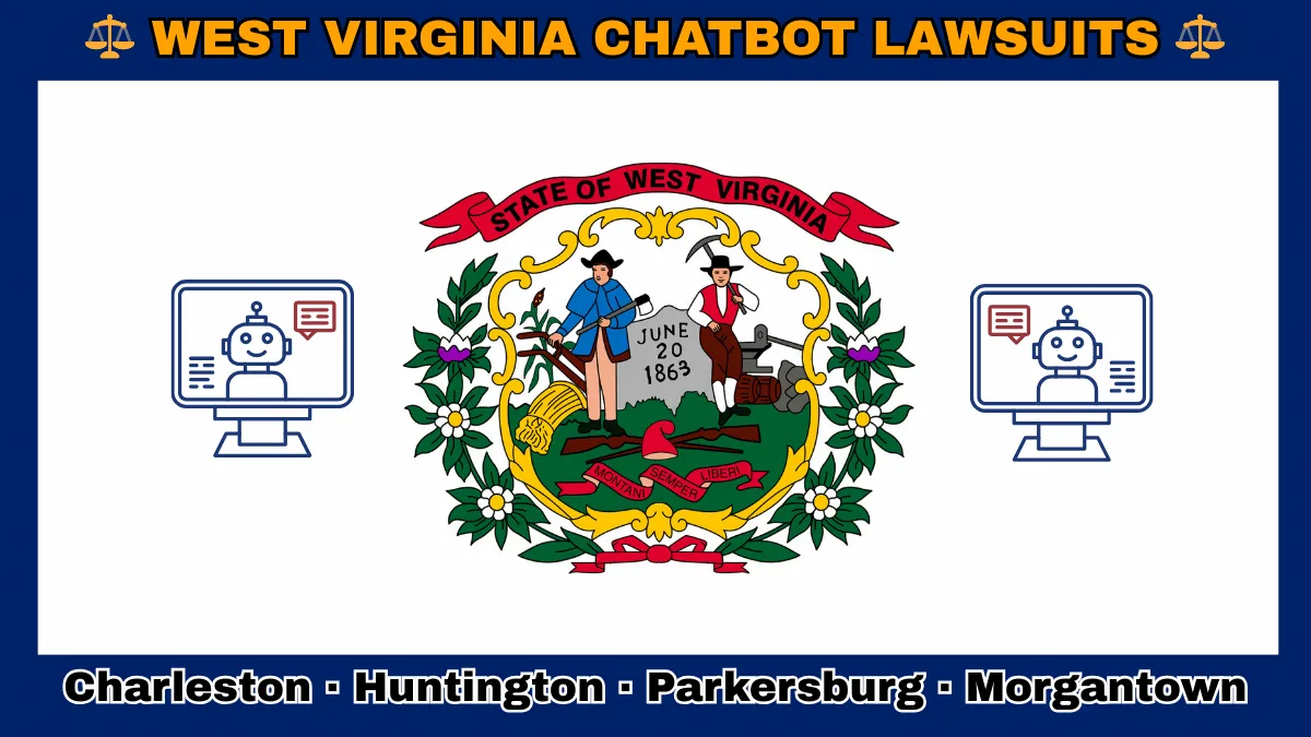 WEST VIRGINIA CHATBOT LAWSUITS: Charleston, Huntington, Parkersburg, and Morgantown text on WV state flag adorned with an AI chat program depicted on a white field with blue border near the official seal encircled by rhododendrons