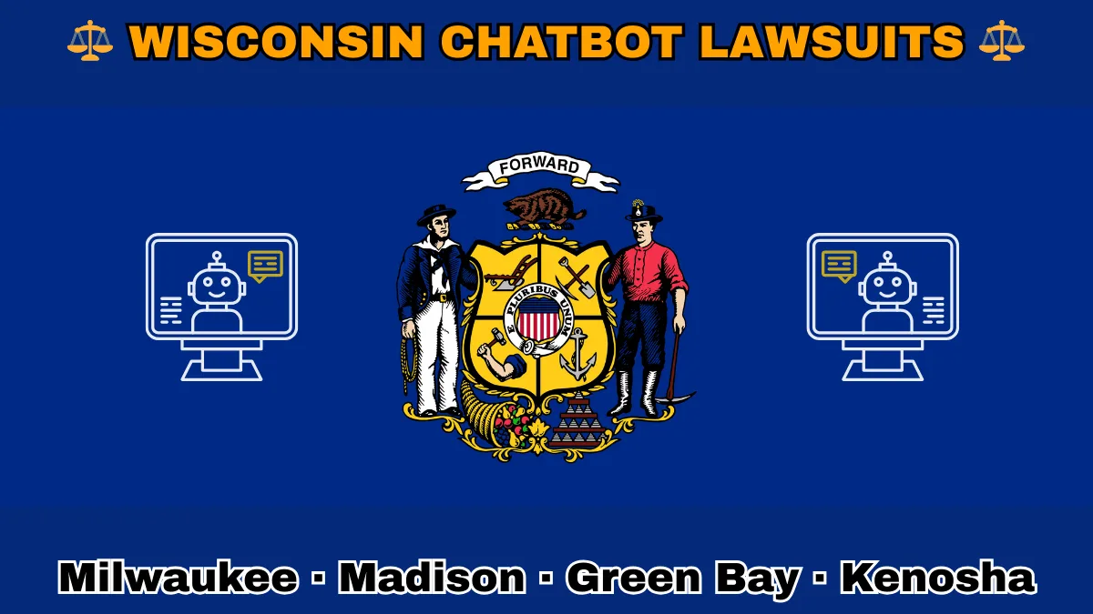WISCONSIN CHATBOT LAWSUITS: Milwaukee, Madison, Green Bay, and Kenosha text on WI state flag adorned with an AI chat program depicted near a sailor and miner flanking a shield featuring agriculture, mining, manufacturing, and navigation, a badger above, and a cornucopia and lead ingot.