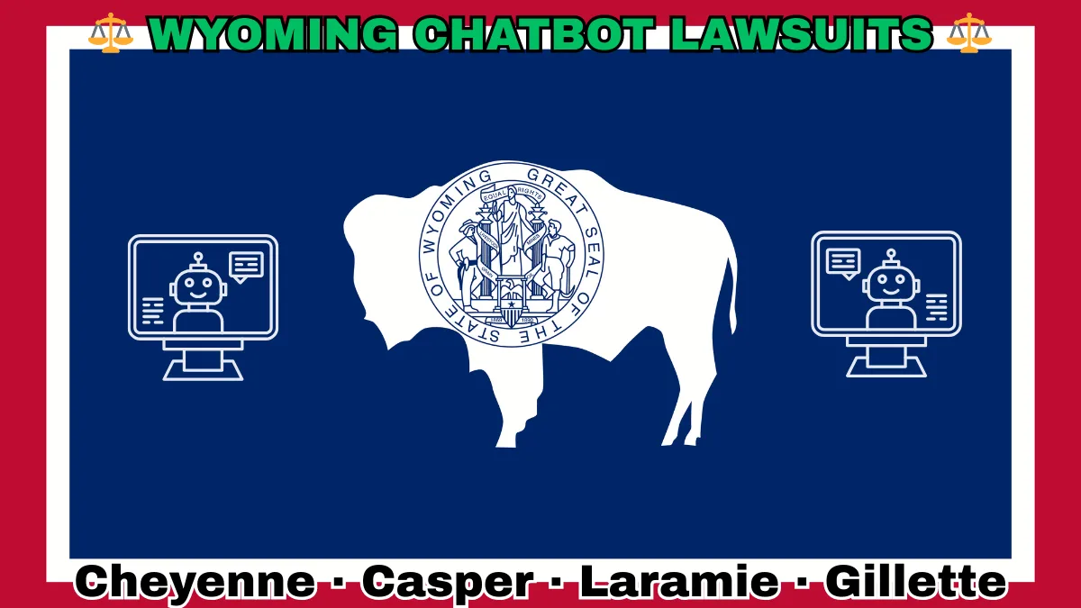 WYOMING CHATBOT LAWSUITS: Cheyenne, Casper, Laramie, and Gillette text on WY state flag adorned with an AI chat program depicted on a blue field bordered in white and red near a white bison bearing the official seal.